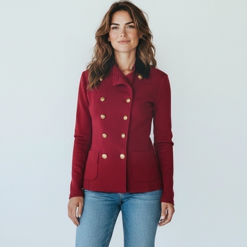 Lauren Ralph Lauren Red Double Breaste Military Knit Blazer Velvet Collar L Fall